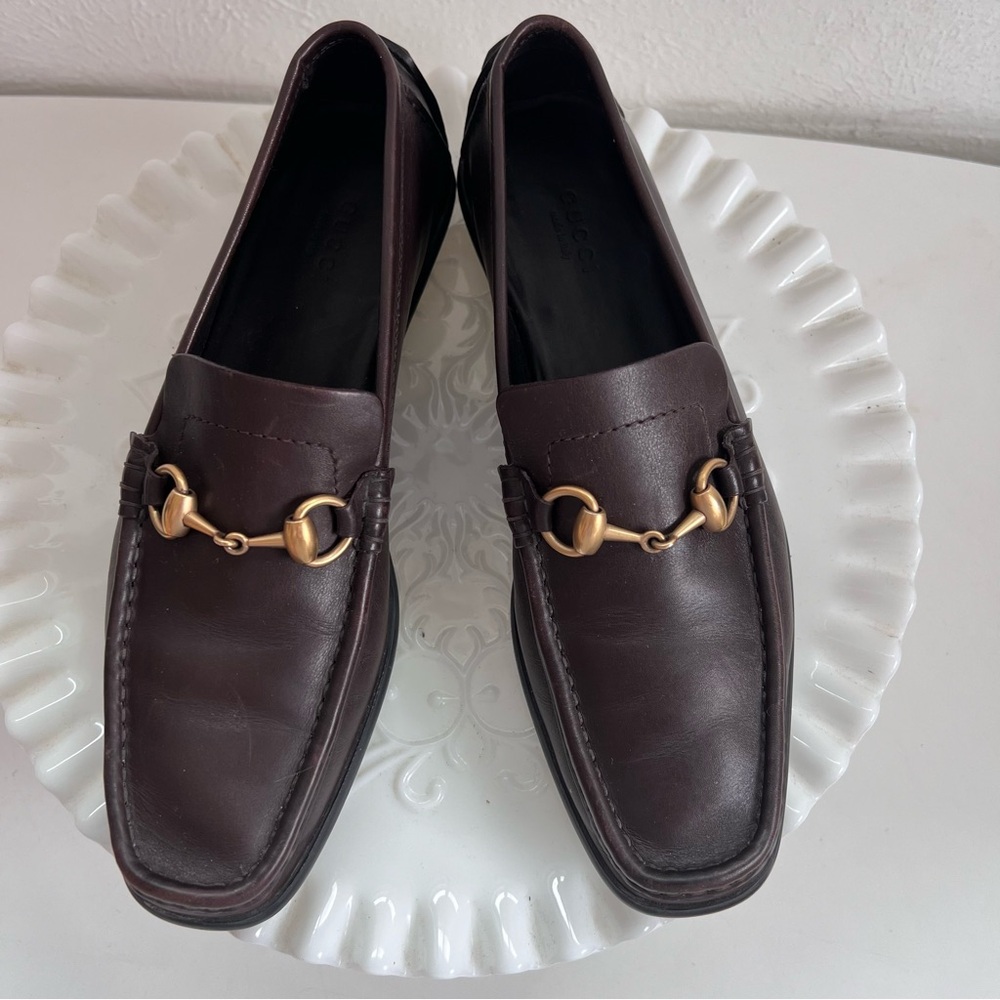 Gucci Brown Leather Loafers with Gold Detail